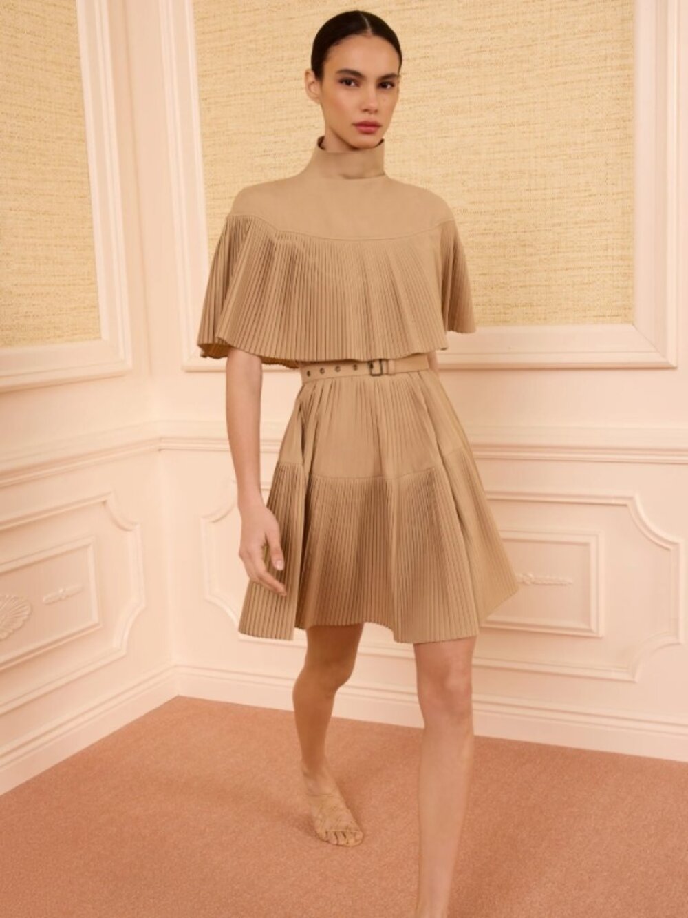 NWOT ULLA JOHNSON Lucille Pleated Wool Belted Cape Mini Dress in Dunewood $890